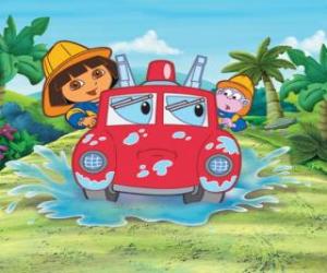 пазл Dora The Explorer девушку рядом с обезьяной сапогах, с пожарной машины